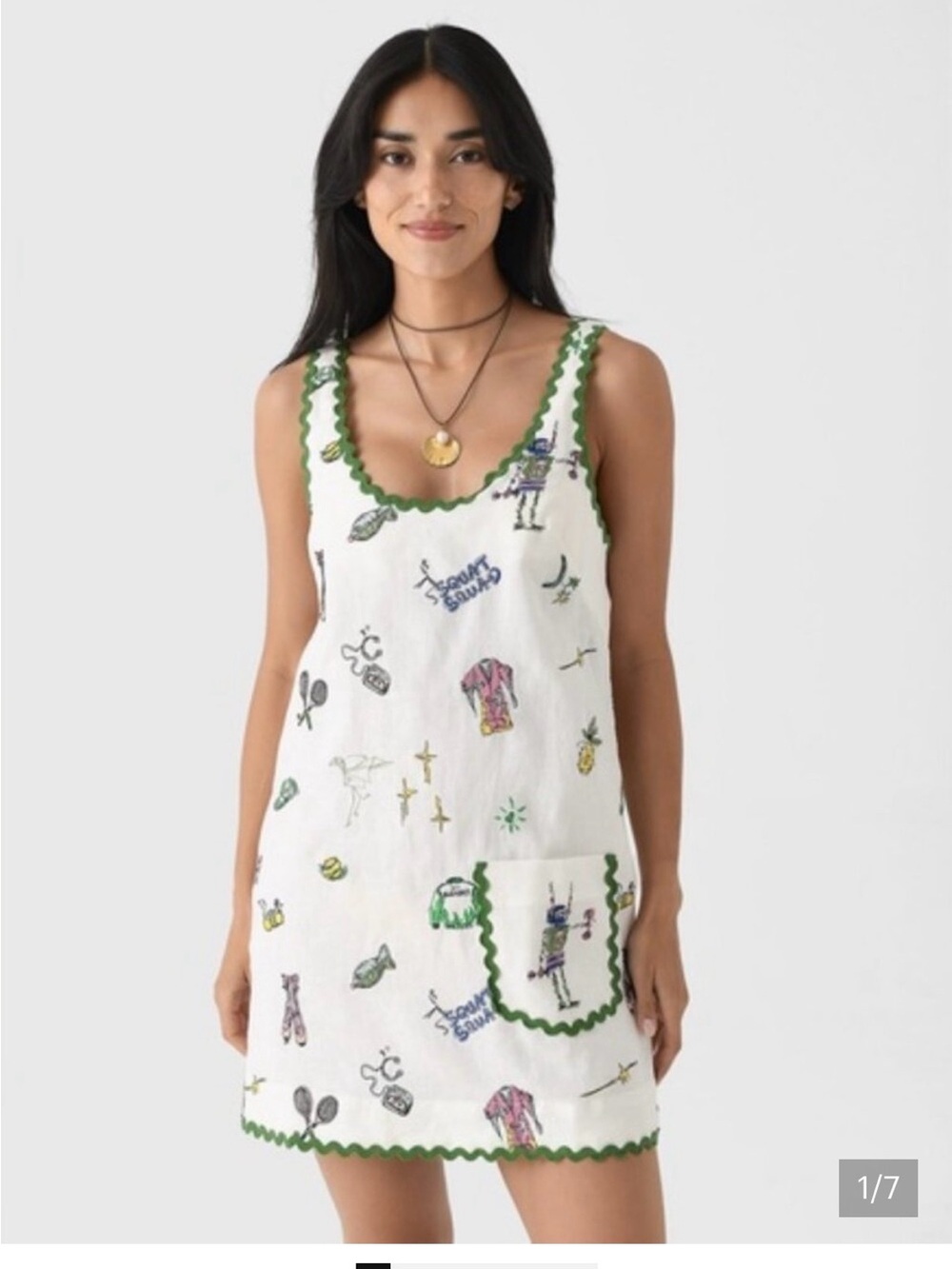 White Embroidered Sleeveless Shift Dress with Green Trim